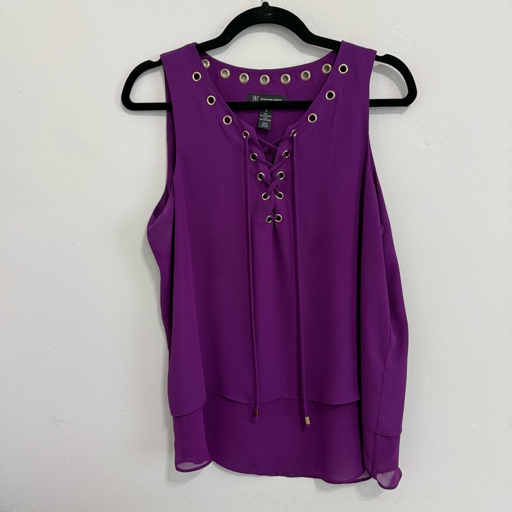 INC International Concepts Purple Lace-Up Eyelet Sleeveless Blouse Size 12